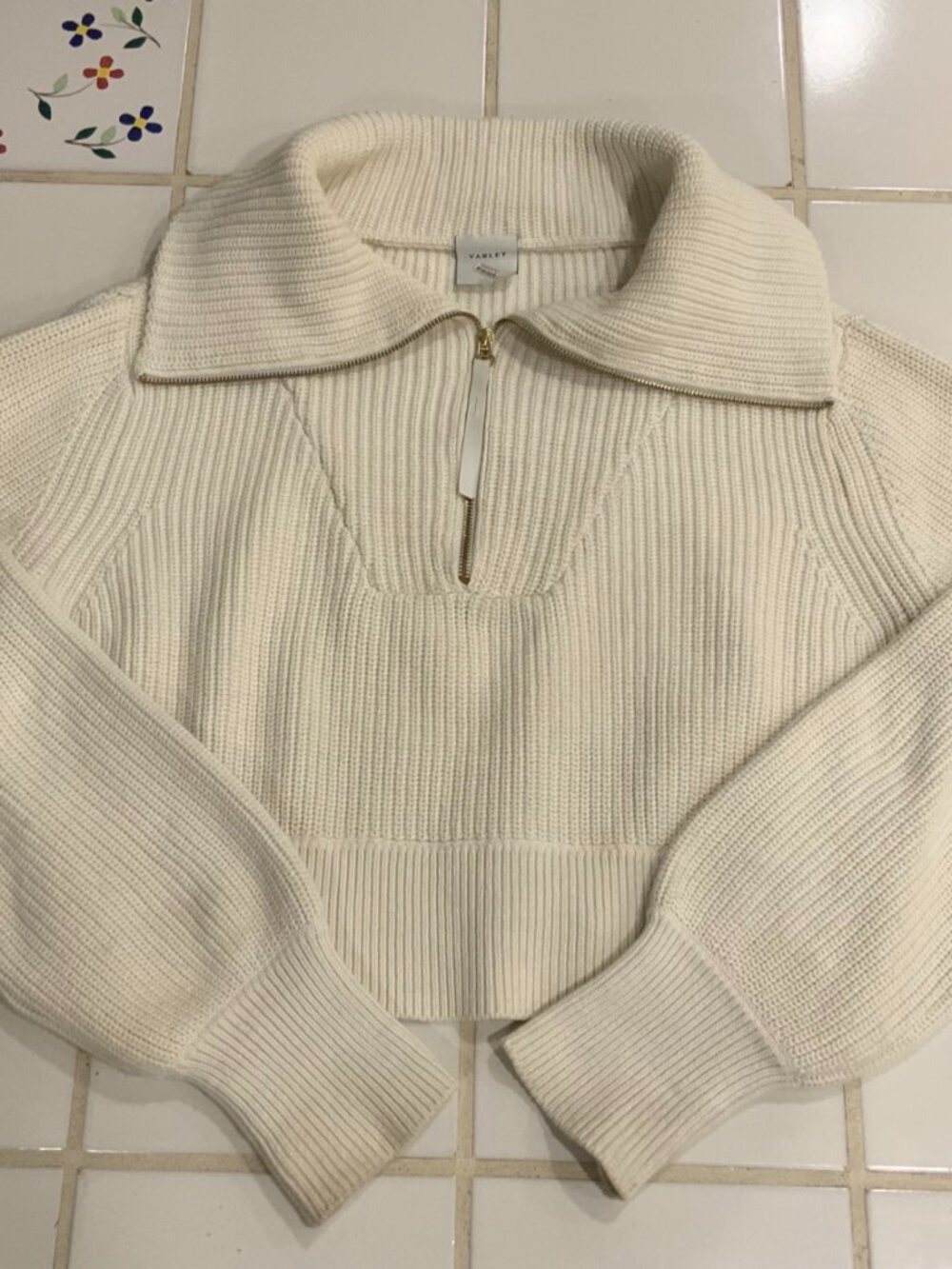 Varley Cream Ribbed Half Zip Sweater Medium Cropped Knit Pullover